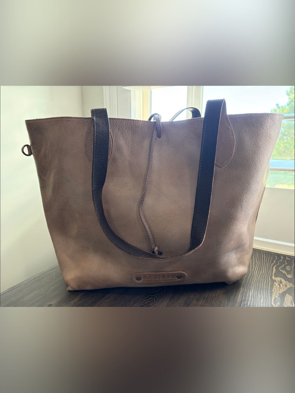 Bed Stu Black/Taupe Leather Handmade Reversible Shoulder Tote Bag size Large